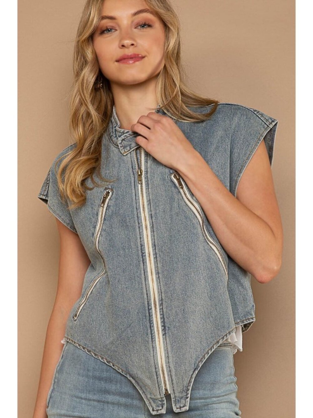 NWT | POL Denim Sleeveless Cap Sleeve Zip Up Vest Top Shirt Various Sizes